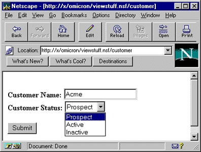 Customer form, displayed on the Web